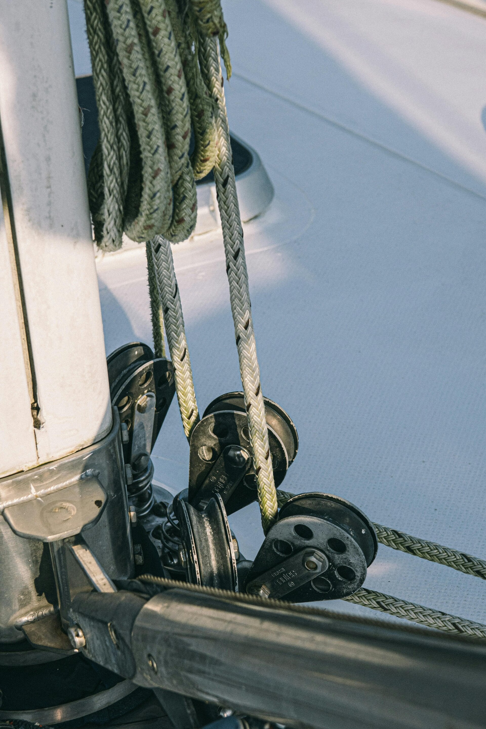 Blocks and sail handling equipment on a sailing yacht deck